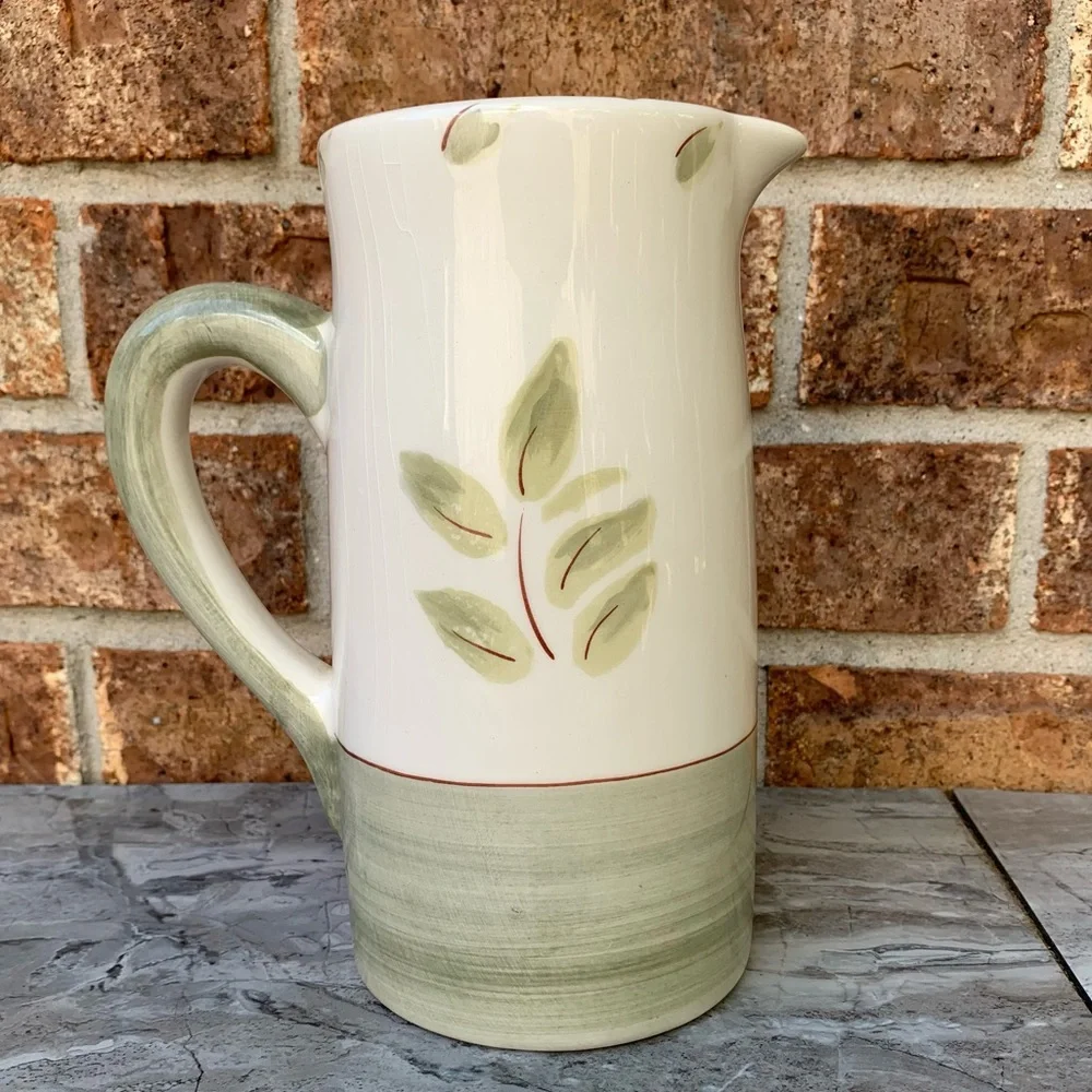Faianca Subtil Pitcher Made In Portugal Cream Sage Green Leaves 8.5